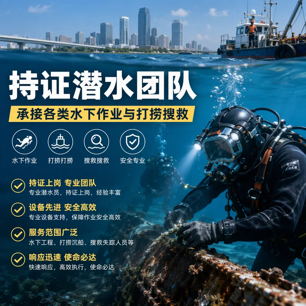 持证潜水团队，承接各类水下作业与打捞搜救绥江